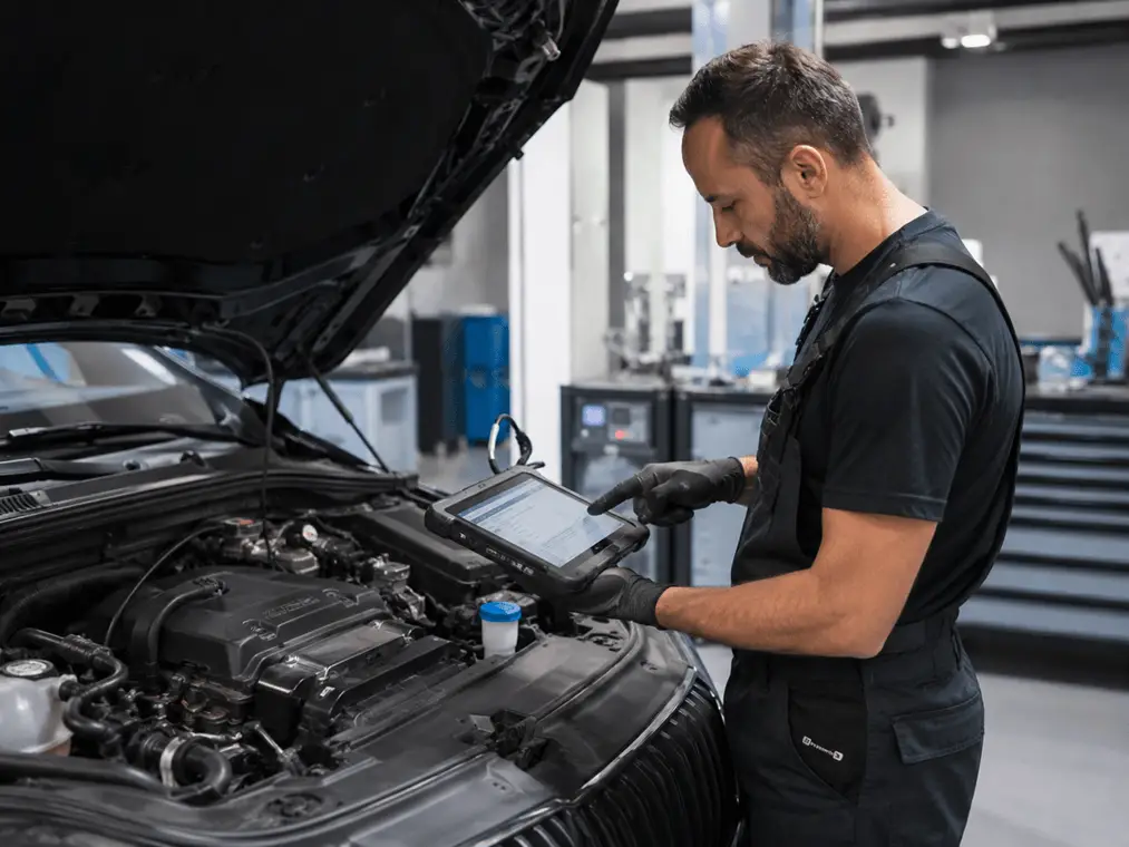 Mechanikas atlieka AdBlue ir SCR sistemos diagnostiką dyzeliniam automobiliui